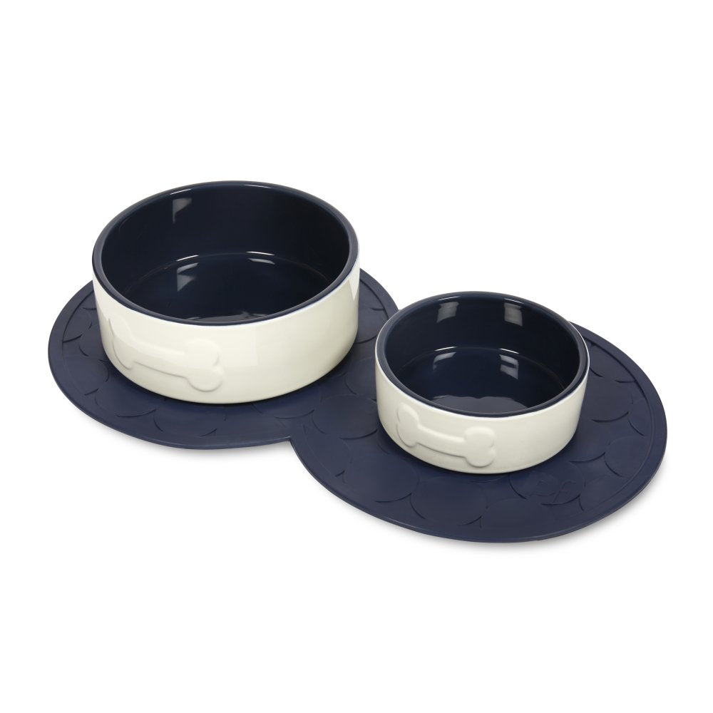 New Bone Ceramic Cream and Navy Dog Bowl