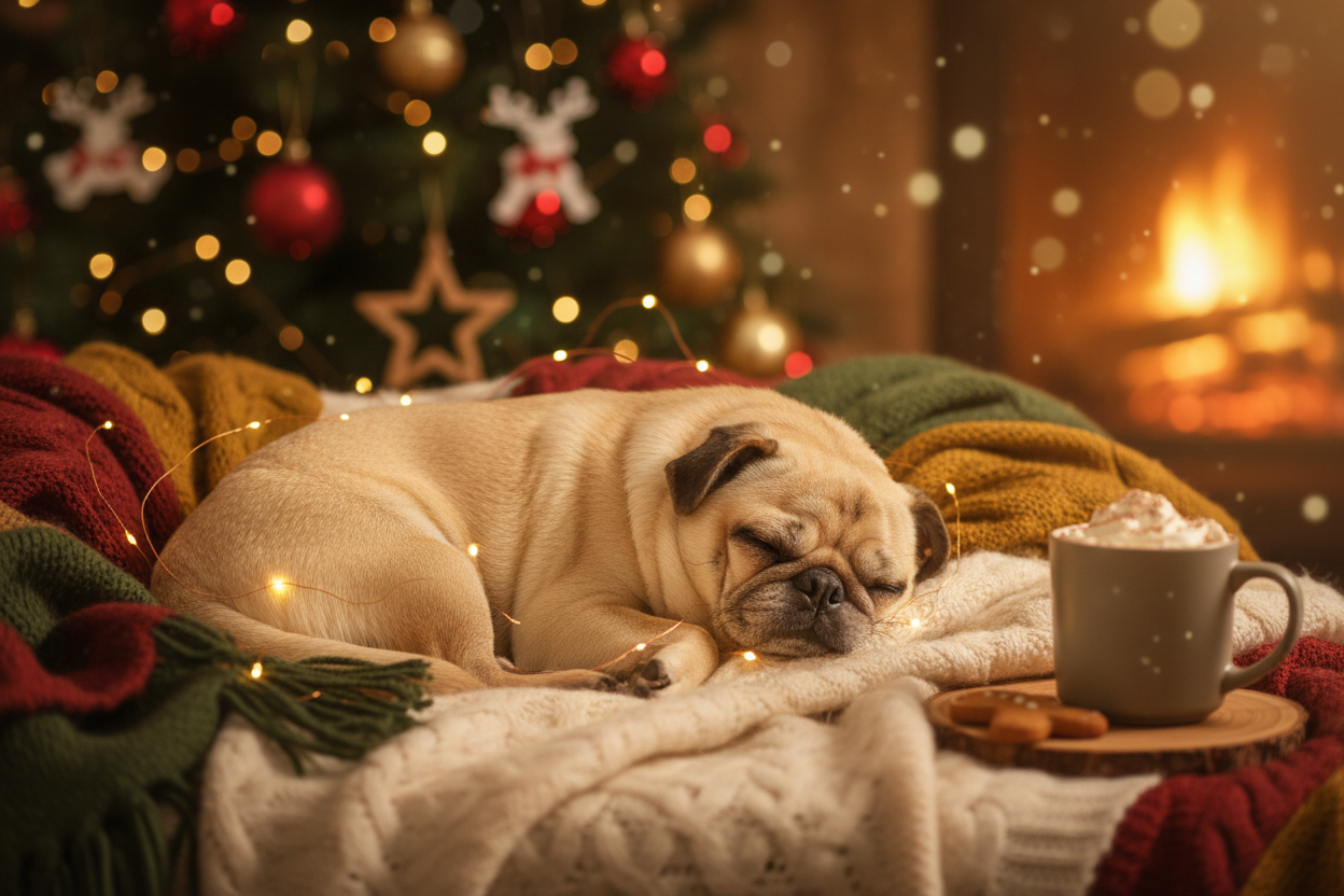 Warm cosy pug sleeping at christmas time